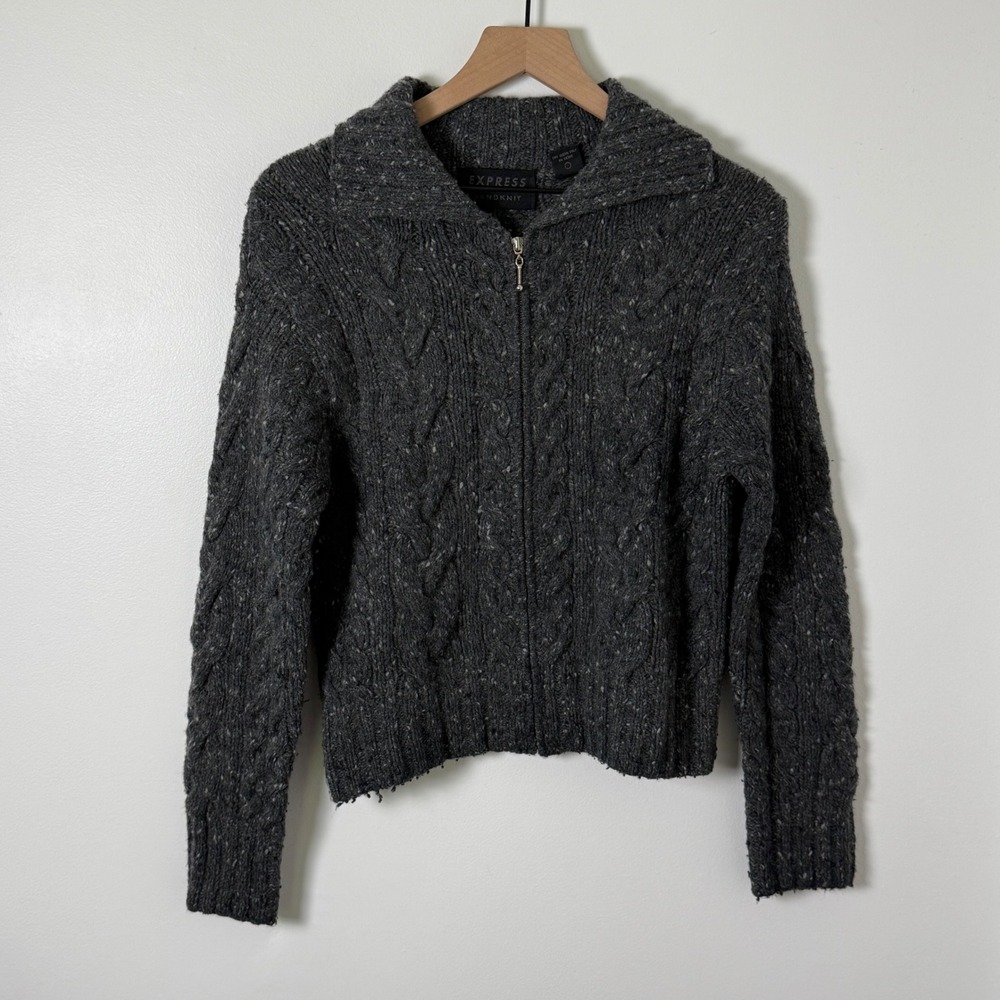 Express Zip Up Sweater Womens Medium Cable Knit Handknit Chunky Merino Wool Y2K